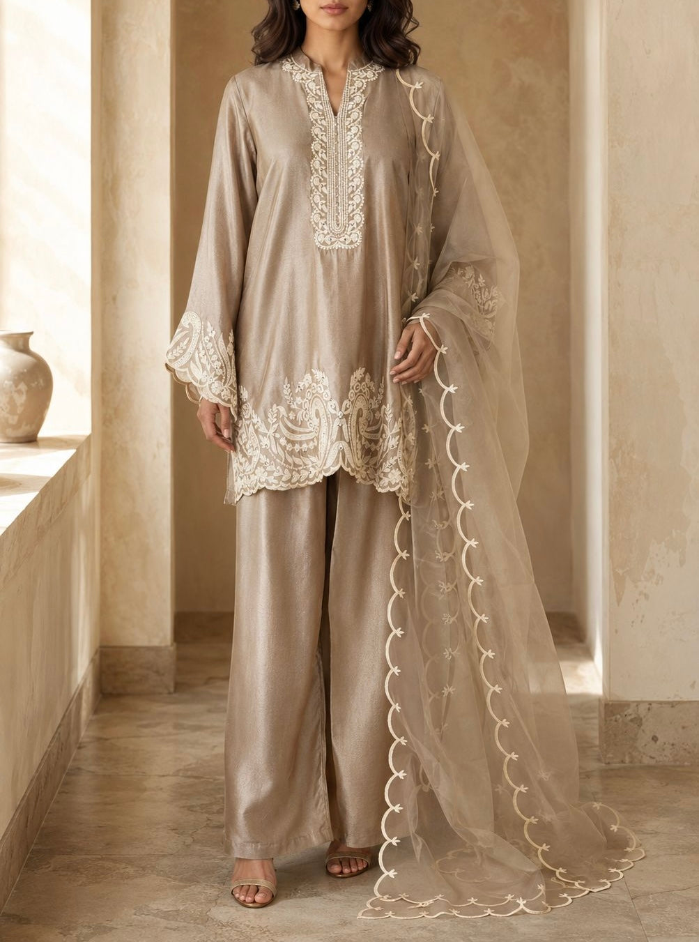Sonia - Ivory & Taupe Sheeshah Silk Shirt & Izaar