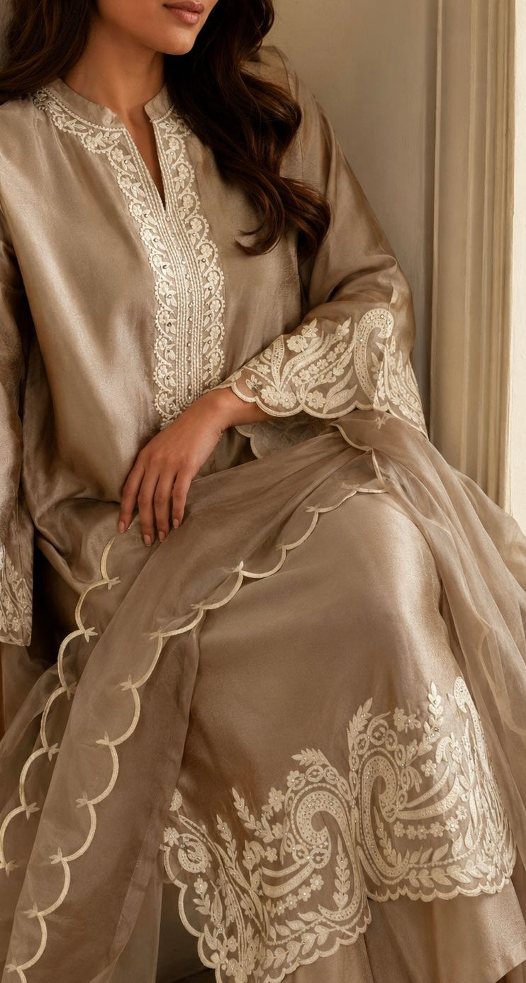 Sonia - Ivory & Taupe Sheeshah Silk Shirt & Izaar