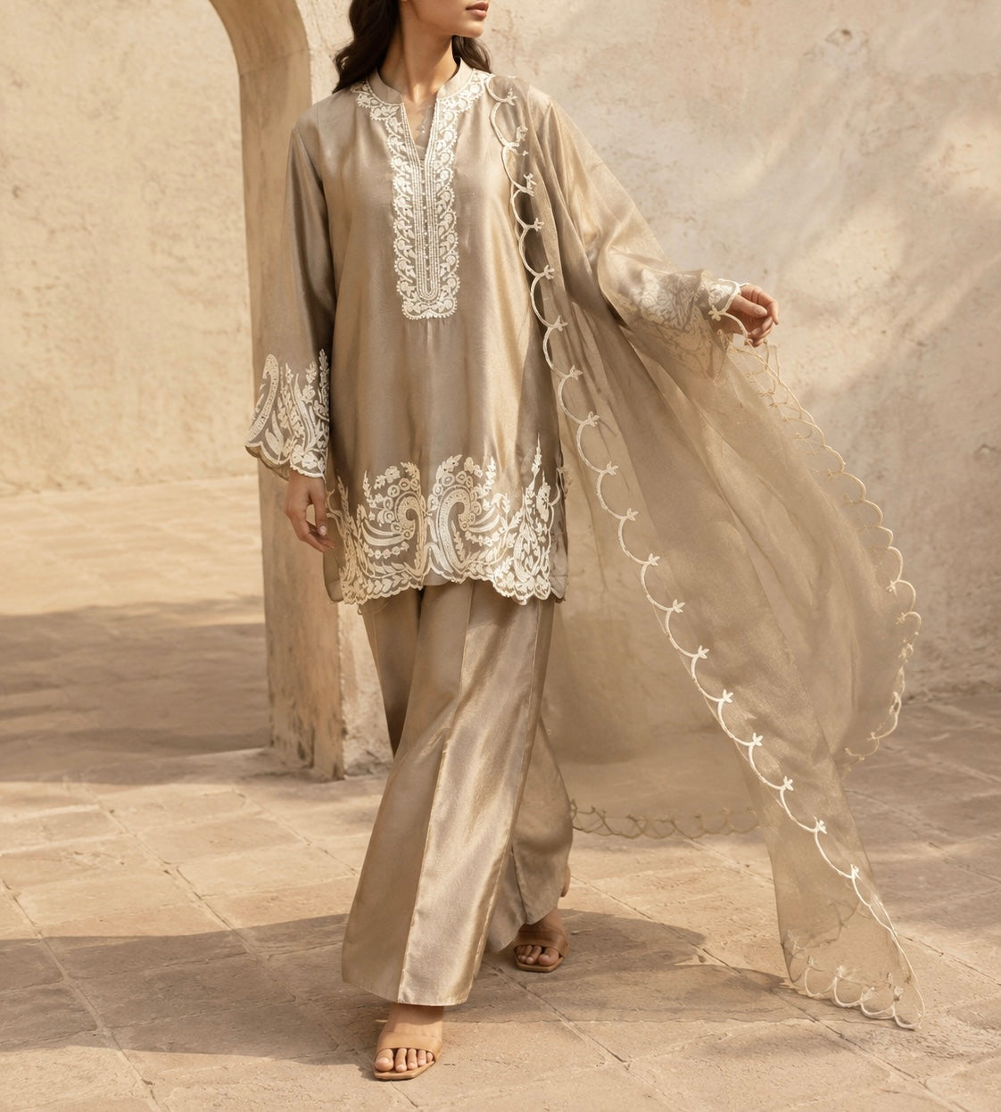 Sonia - Ivory & Taupe Sheeshah Silk Shirt & Izaar
